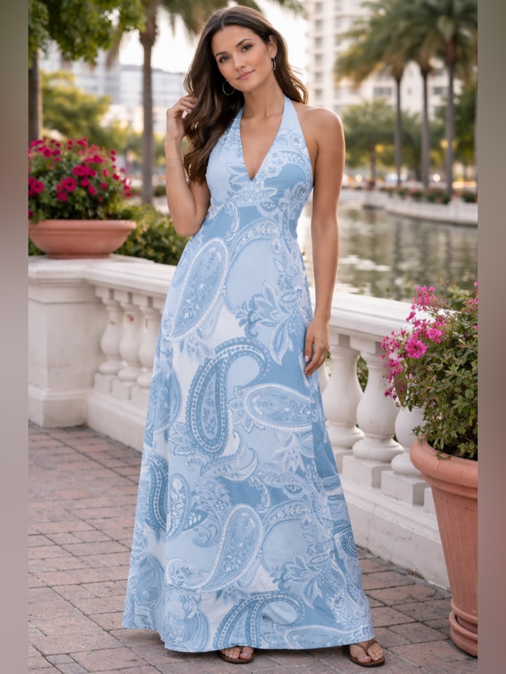 New Magaschoni Light Blue and White Paisley Halter Dress